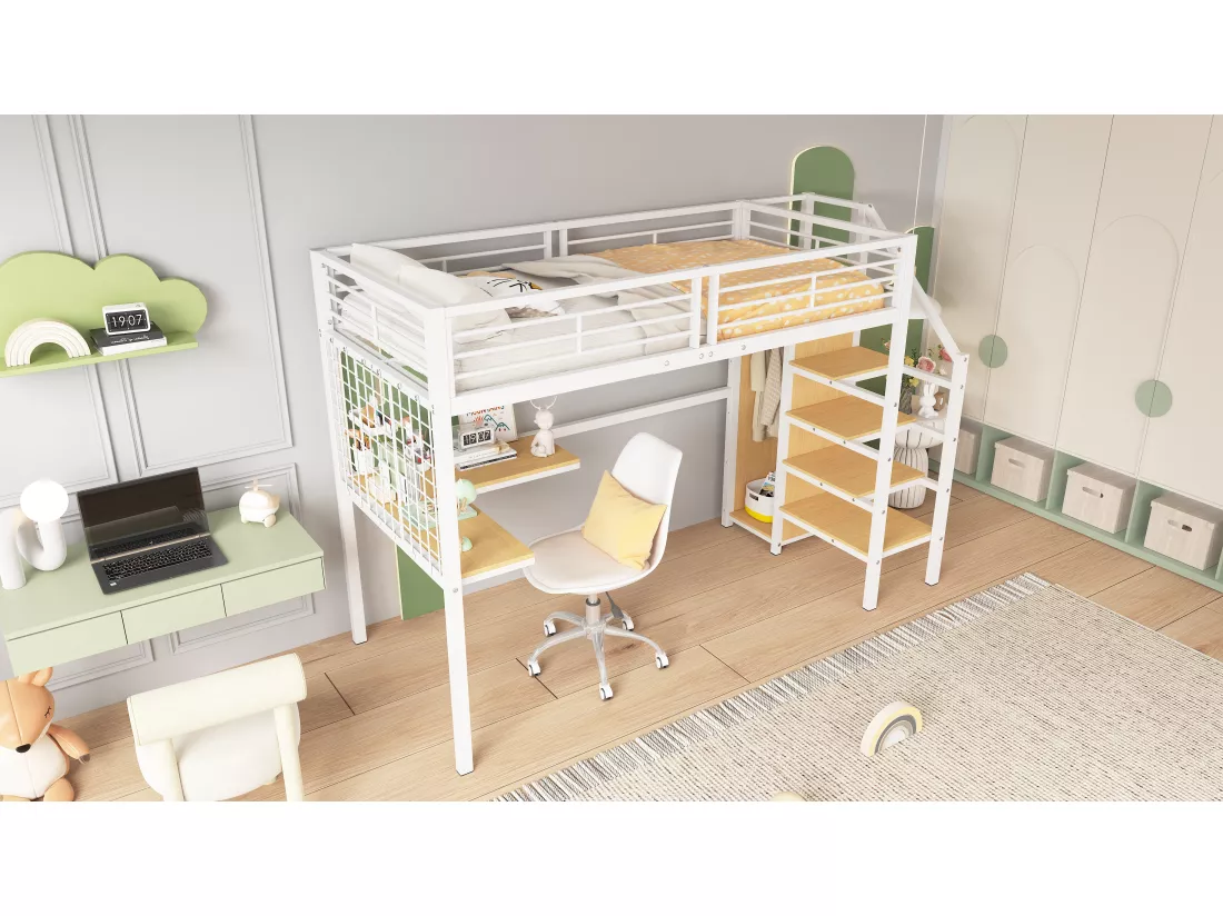 Lit mezzanine 90 x 200 cm avec bureau d'angle et armoire - fer + panneaux de particules - blanc + naturel