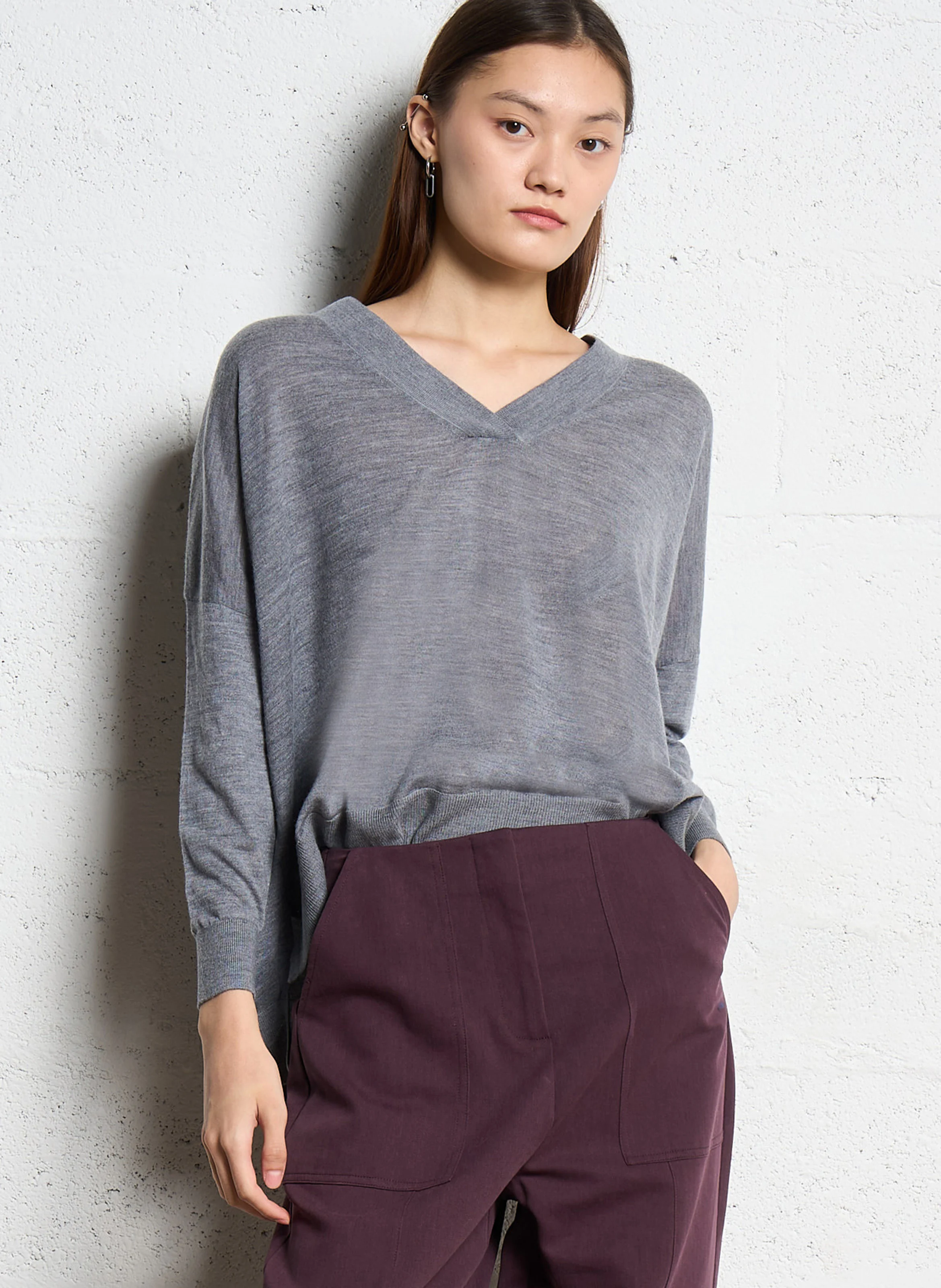 MAKO - Pull ample col V en laine | Gris