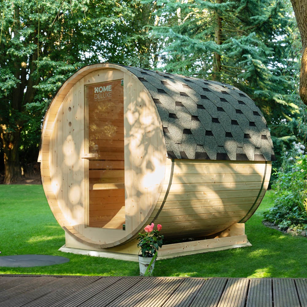 Home Deluxe - Buitenbarrelsauna LAHTI XL - Afmetingen: BxDxH: ca. 195 cm x 192 cm x 220 cm, Houtsoort: Vurenhout - incl. saunakachel en saunatoebehoren | Tuinsauna, buitensauna, barrelsauna voor 6 personen