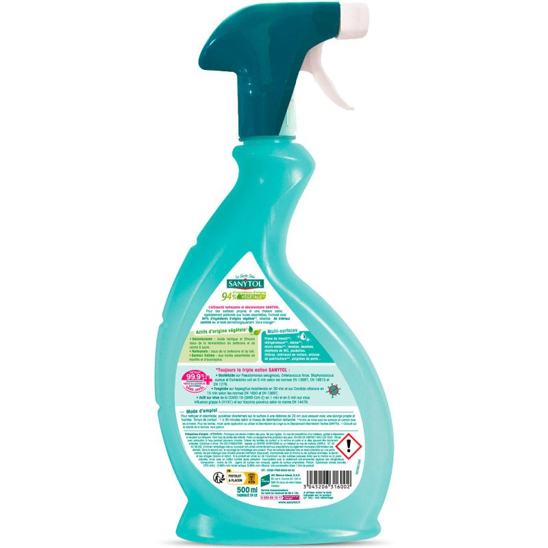Désinfectant nettoyant multi-usages Sanytol 94 % végétal, eucalyptus et menthe - Spray 500 ml