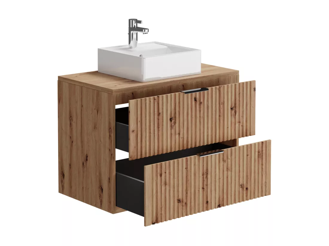 Meuble de salle de bain suspendu strié avec vasque à poser et colonne - Naturel clair - 80 cm - ZEVARA