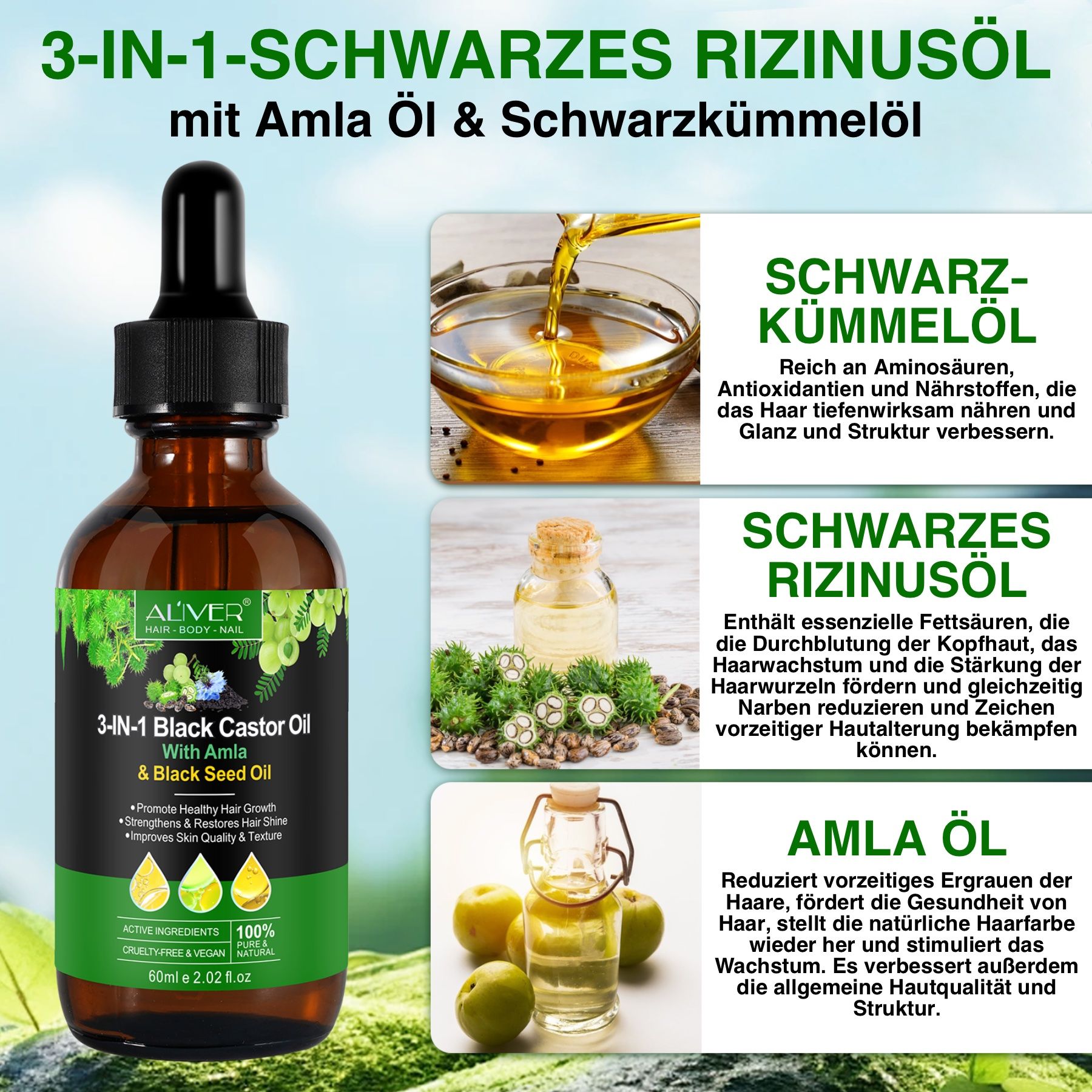 ALIVER 3-in-1 Rizinus Amla Schwarzkümmel Haaröl