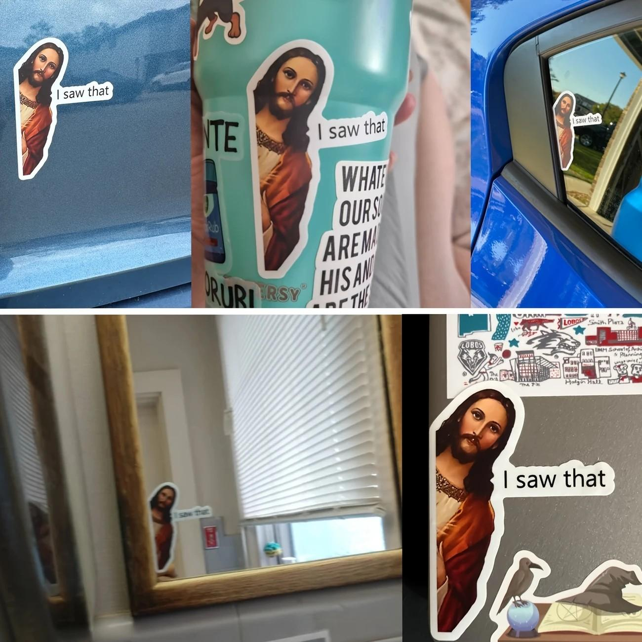 (50x75mm) Meme Sticker Wasserfester Aufkleber lustiges Jesus Abziehbild für Auto / Koffer / Laptop / Spiegel - I Saw That