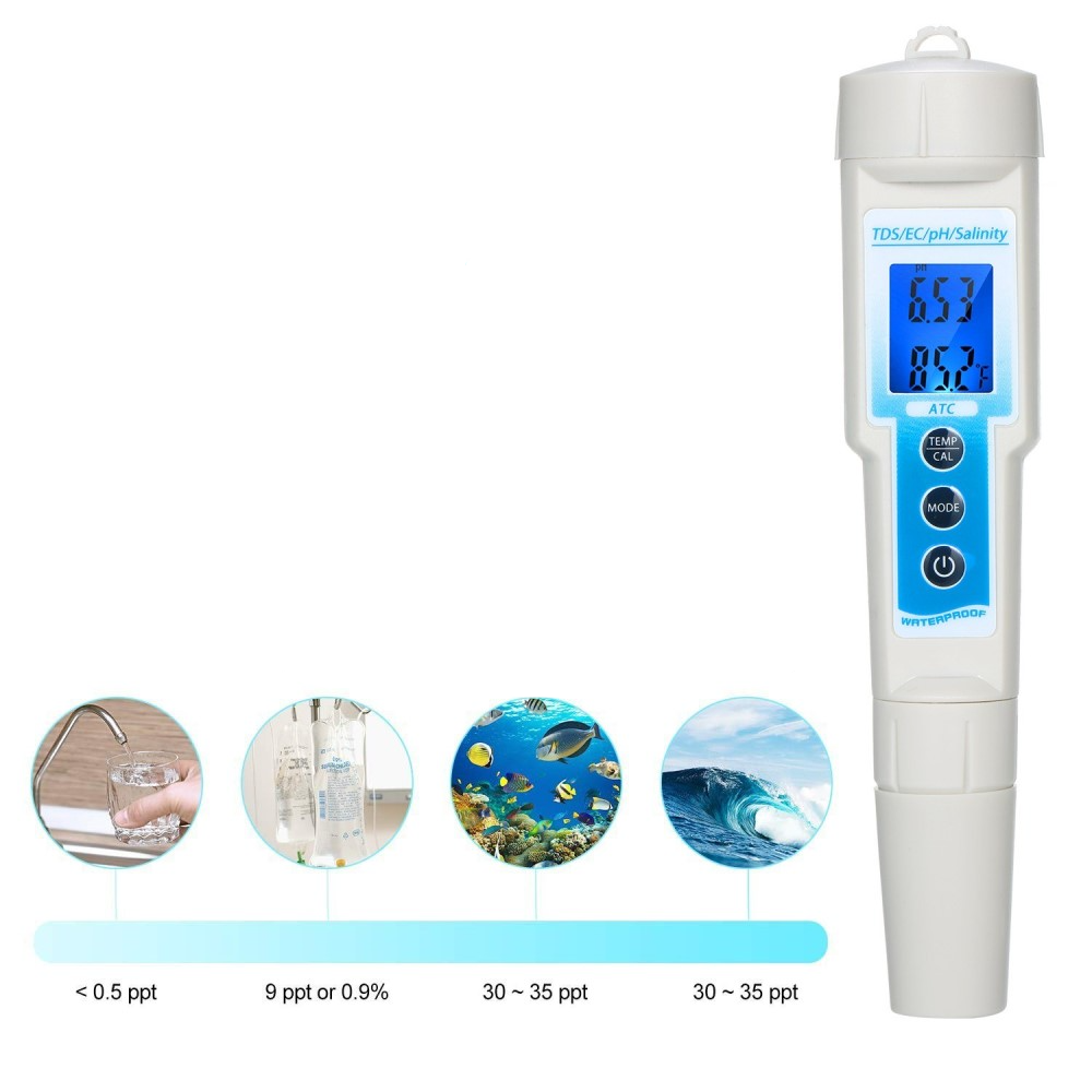 5in1 Digitales Wasser Messgerät TDS / EC / pH / Salzgehalt / Temperatur Prüfgerät (Batteriebetrieben)