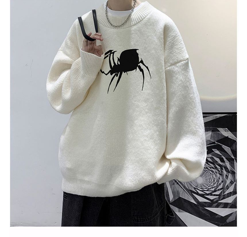 POSI - Oversized trui met ronde hals en spinnenprint