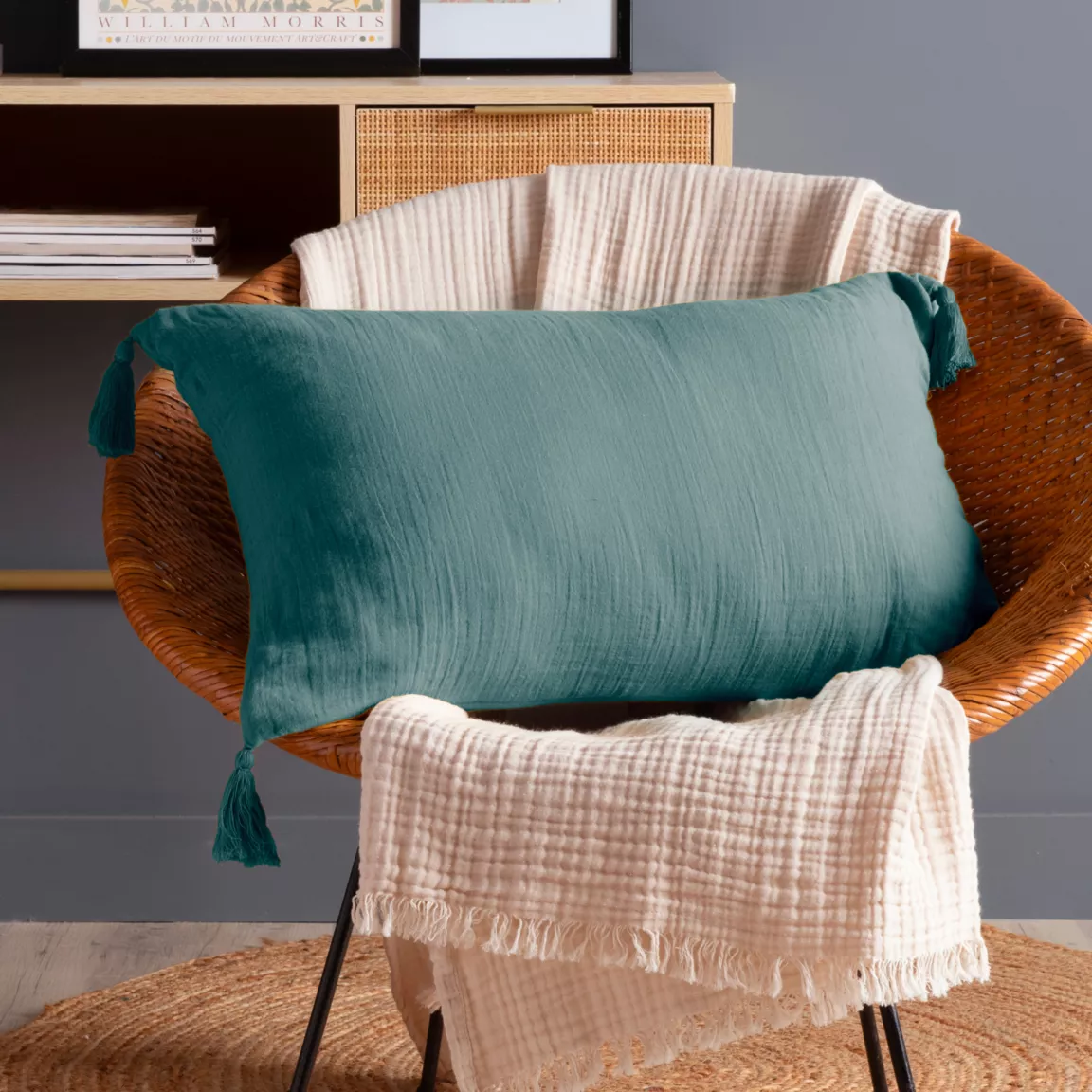 Coussin rectangulaire gaze de coton (40 x 60 cm) Gaïa Bleu canard