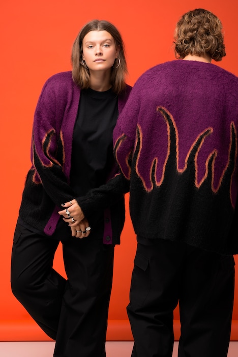 Strickjacke, oversized, Flame-Abschlüsse, V-Ausschnitt, Langarm, Unisex