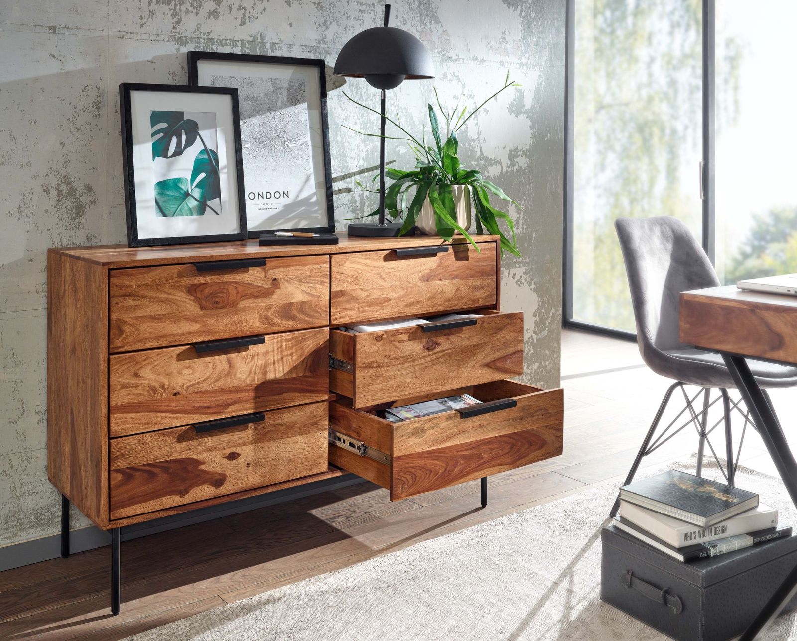Kommode - Sheesham massiv - 6 Schubkästen - 117 cm breit