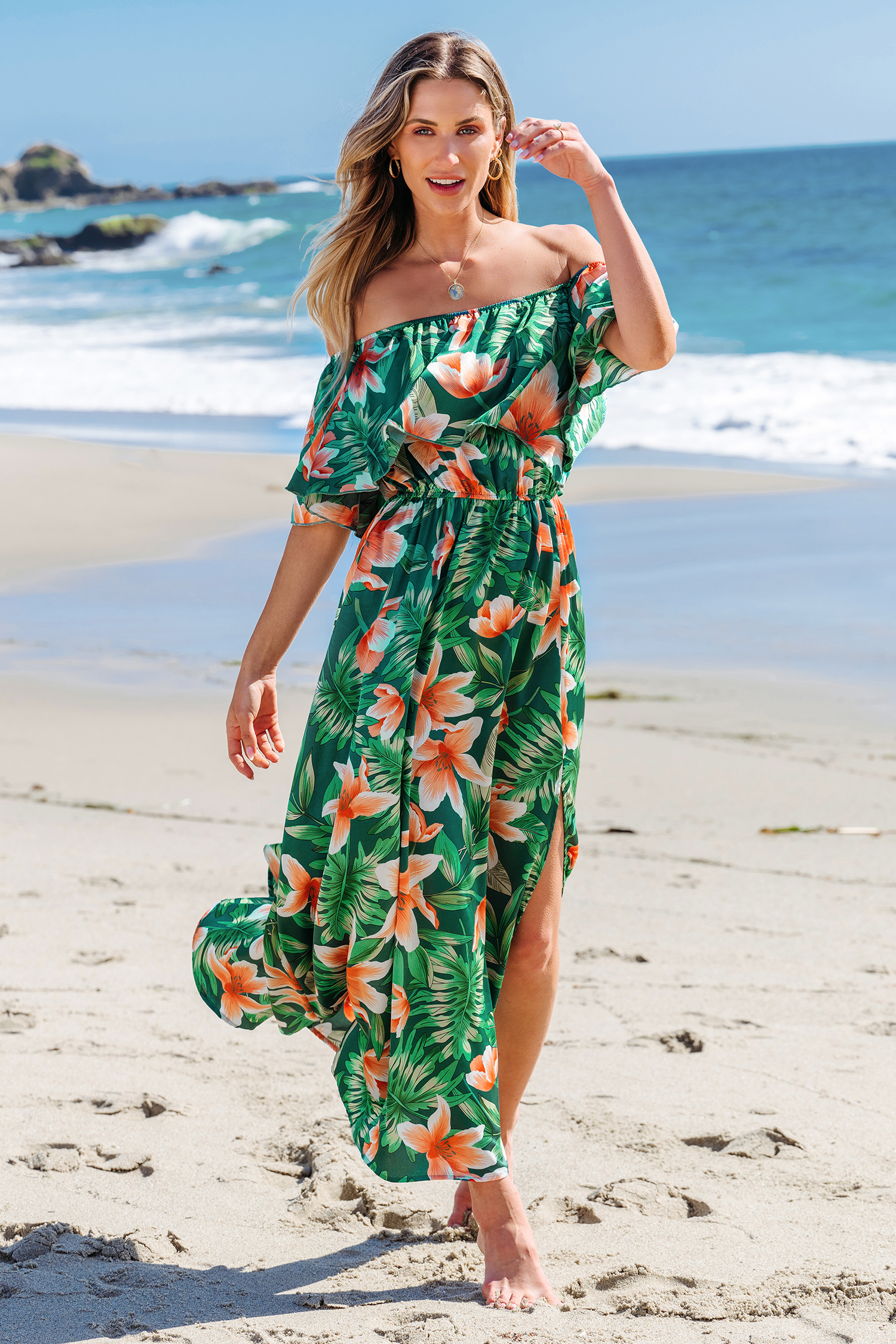 Robe maxi à épaules dénudées et corsage à volants vert et orange