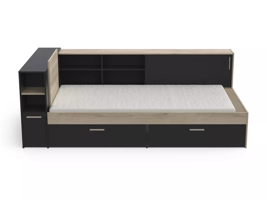 Lit modulable 90 x 190/200 cm avec rangements - Noir et naturel + Sommier - LIARA