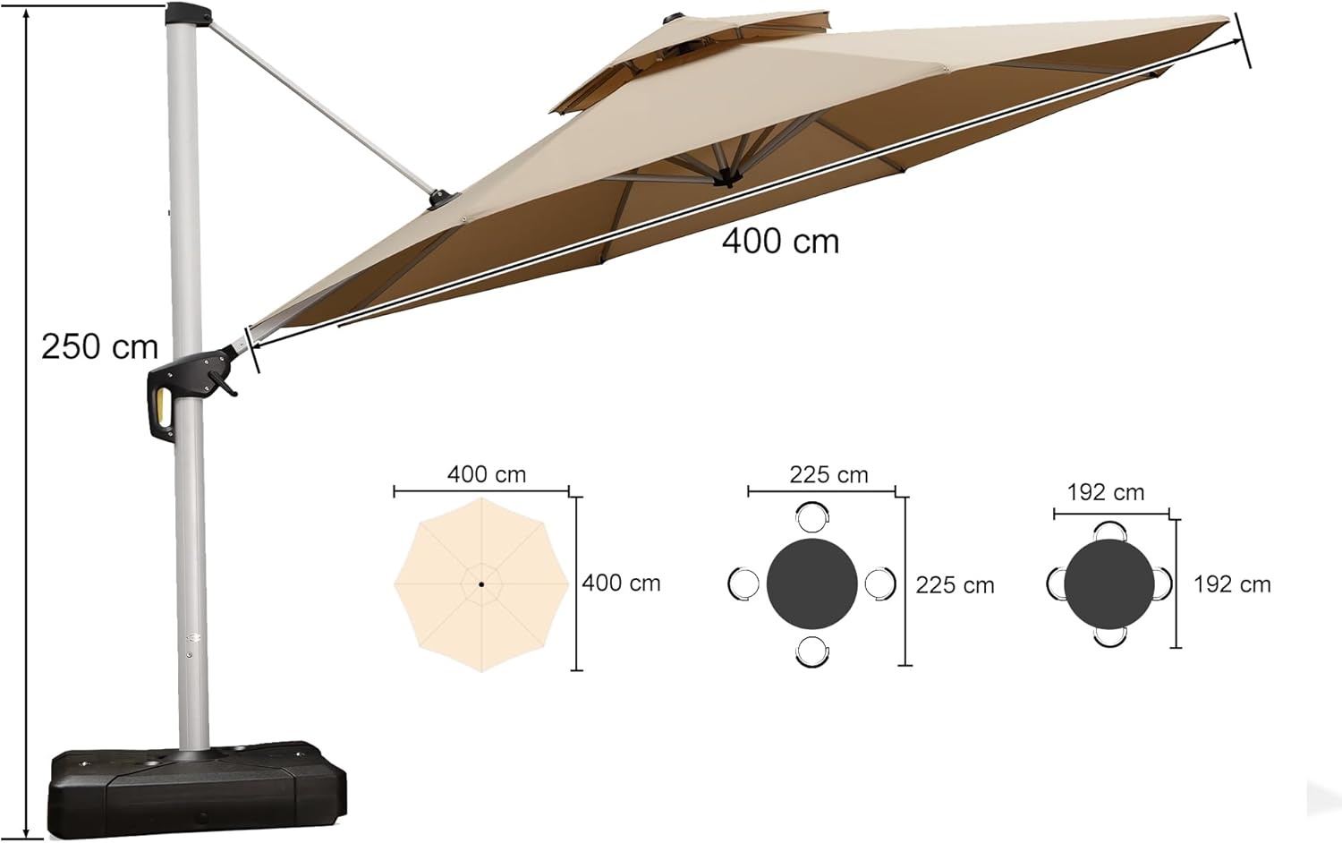 PURPLE LEAF Sonnenschirm 400 cm Durchmesser mit Sonnenschirmständer Ampelschirm Groß 360°Rotation, Gartenschirm mit Kurbel Marktschirm XXL Sonnenschutz UV50+, Beige