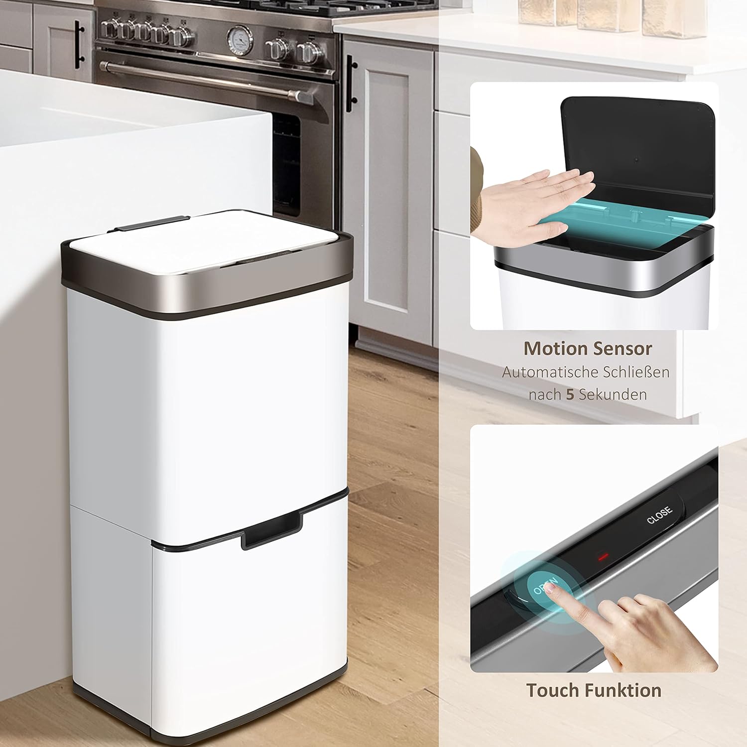 Ribelli Edelstahl - Mülltrennsysteme mit 3+1 Fächer - Mülleimer mit Sensor - 72 Liter (2x12 + 1x48 L) - Design Treteimer aus Edelstahl - Weiß