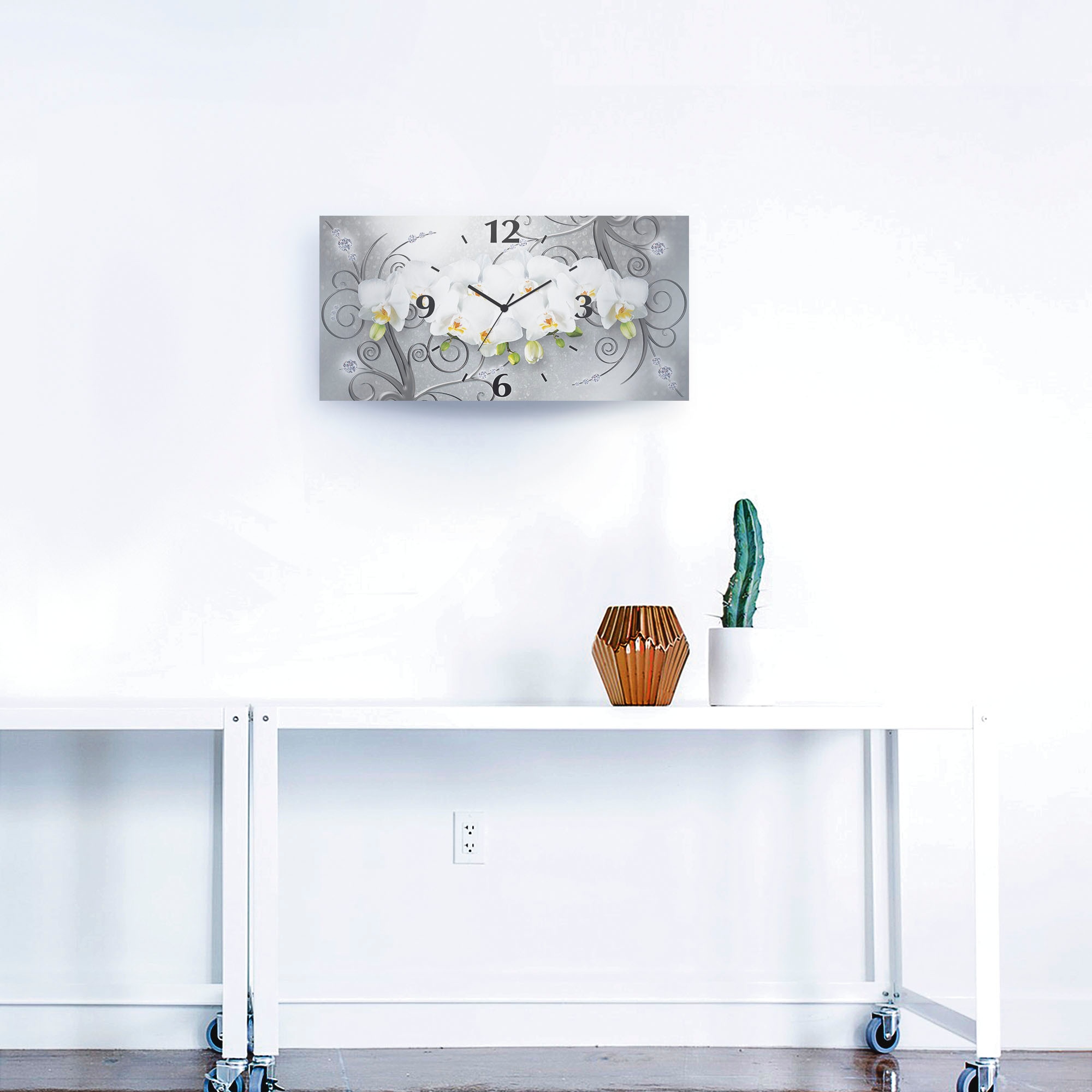 Artland Wanduhr »weisse Orchideen auf Ornamenten« 3D Optik gebogen, mit Quarz- oder Funkuhrwerk, versch. Grössen