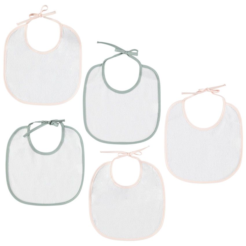 Lot de 5 bavoirs courts en éponge finition biais contrasté - Rose