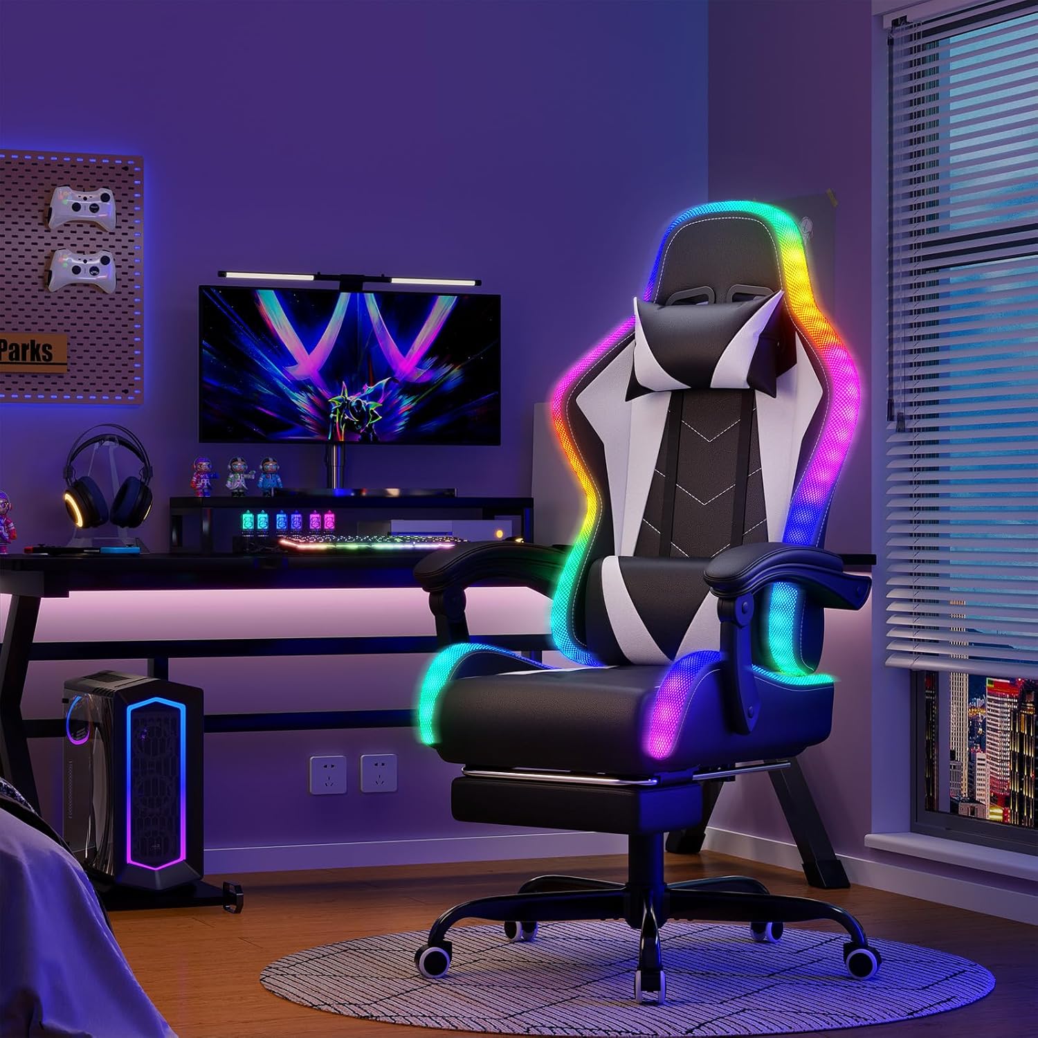 Devoko LED Gaming Stuhl, Cool und Augenschonendes. Ergonomischer Bürostuhl mit Massagefunktion, Teleskop-Fußstütze, Verstellbarem Rückenlehnen von 90-135°,Gamer Stuhl 150 kg belastbarkeit, Weiß