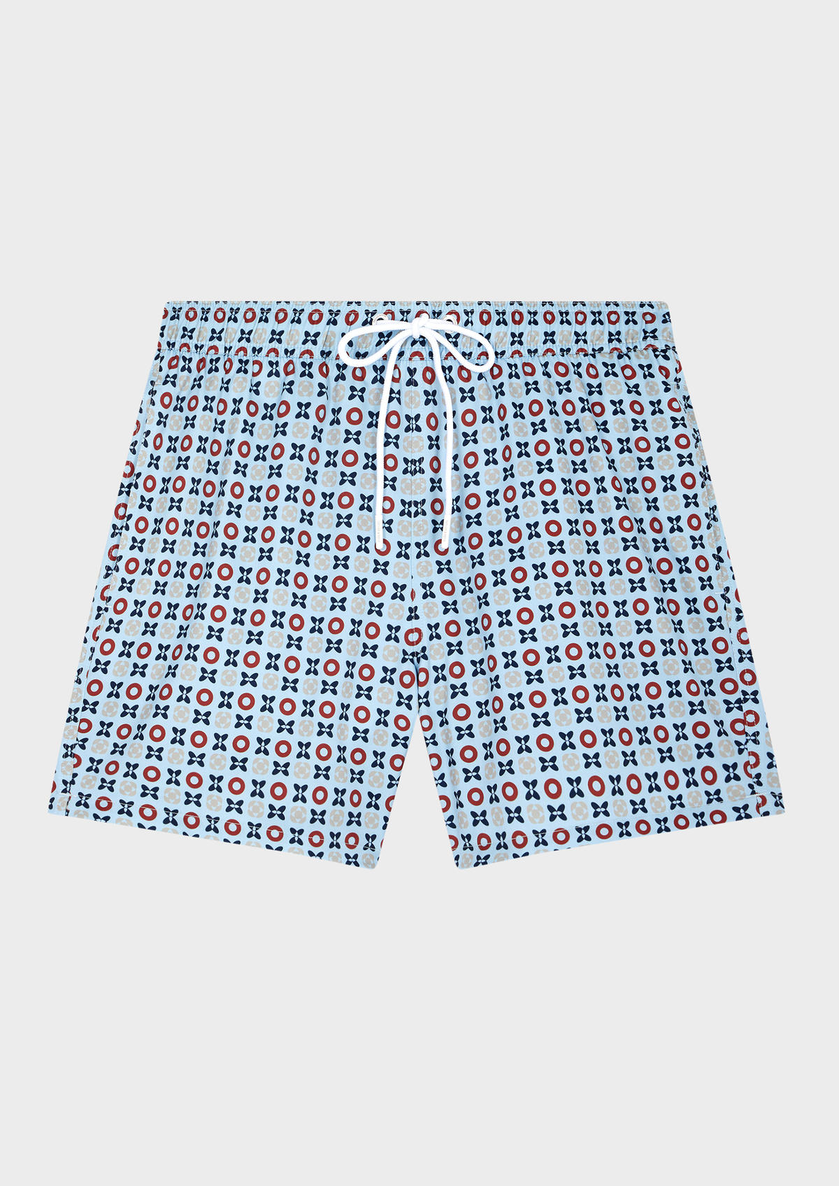 Maillot de bain bleu ciel à motifs géométriques rouge, beige et bleu marine