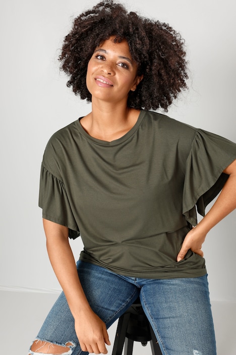 T-Shirt, oversized, U-Boot-Ausschnitt, Rüschen-Halbarm