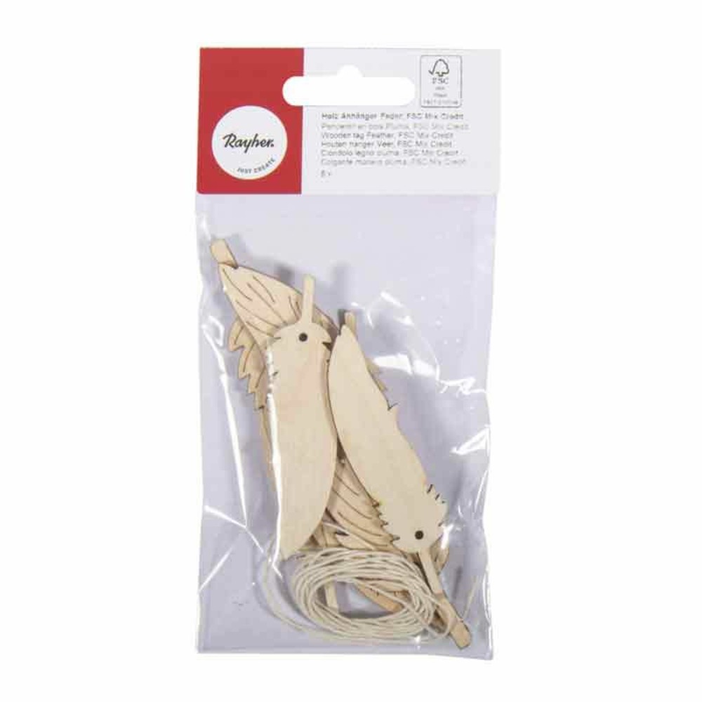 Pendentif en bois 12,5 x 7,5 cm - plumes