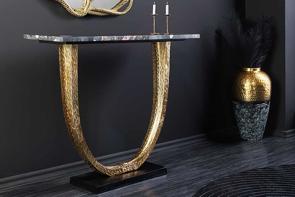 Handgefertigter Konsolentisch OMEGA 80cm schwarz Marmor gold Metall