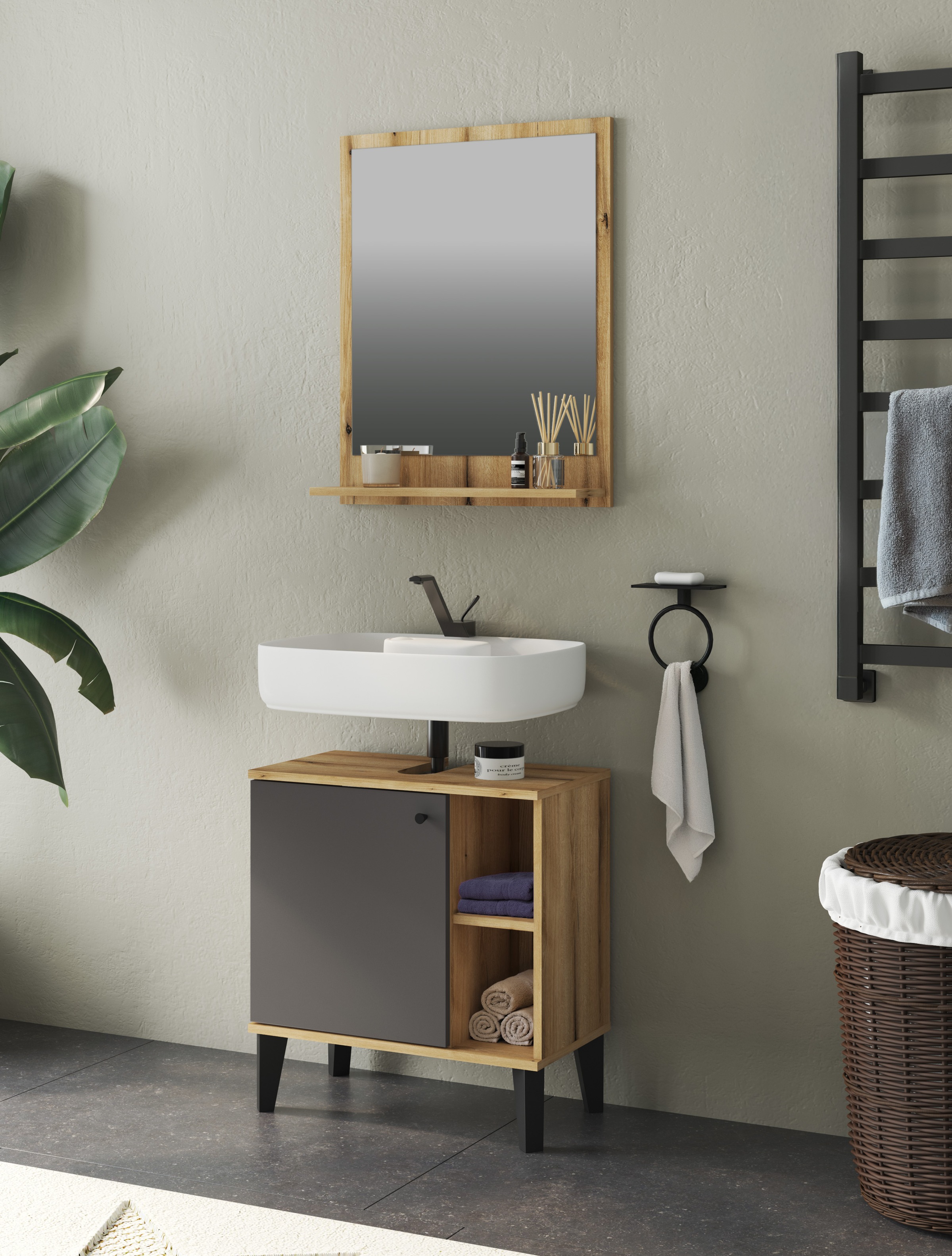 INOSIGN Badspiegel »Oslo, Spiegel in Eiche Evoke, Wandspiegel im skandinavischen Design« mit Ablagefläche, 60 cm breit