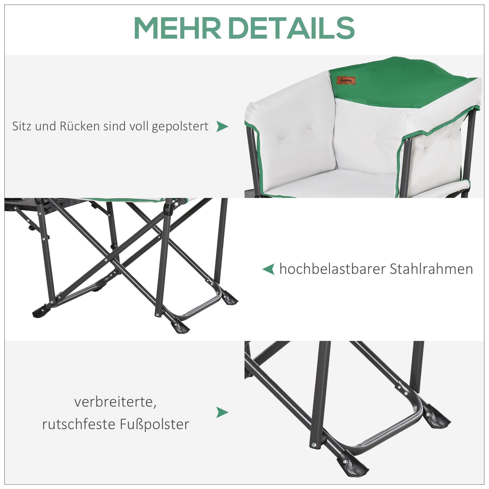 Outsunny Campingstuhl mit Getränkehalterung weiss, grün 83 x 64 x 90 cm (LxBxH)