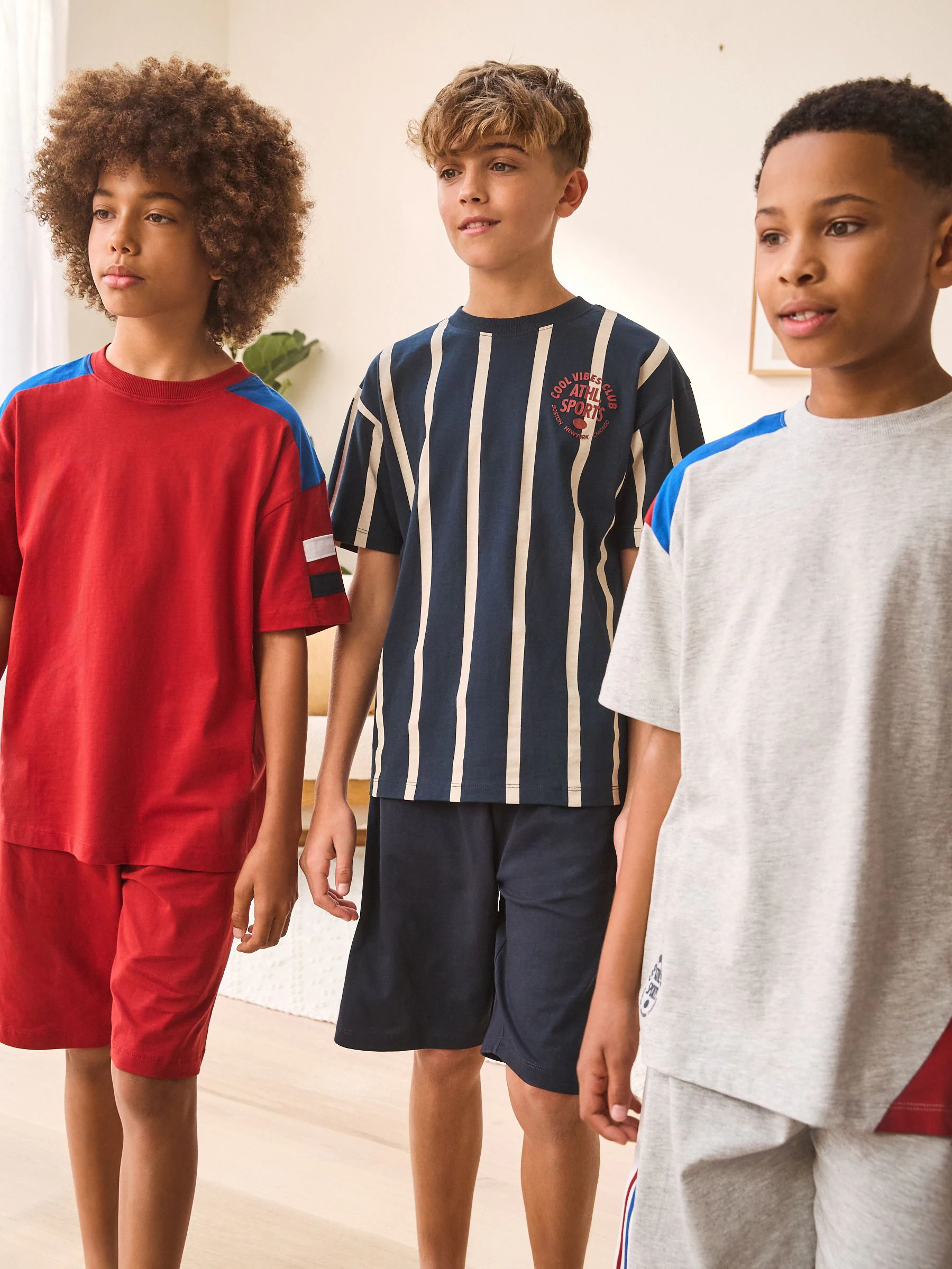 Rood/Blauw/Grijs Strepen Sport - Set van 3 pyjama's met short (3-16 jr)