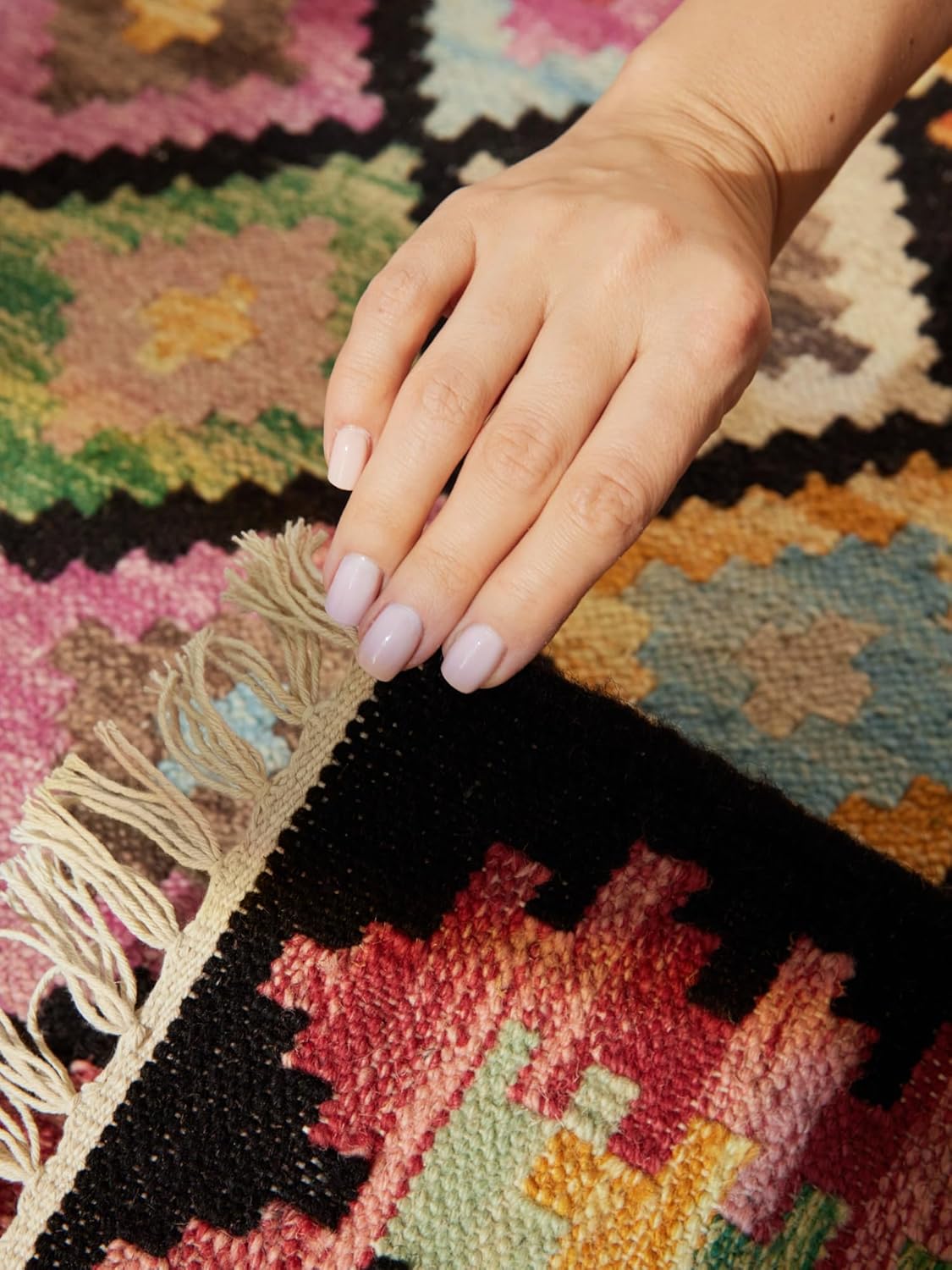 Hanse Home Afghan Kelim Teppich Zara - Bunter Traditioneller Teppich Handgewebt, Wolle & Baumwolle, Afghanischer Stil Oriental mit Fransen für Wohnzimmer, Schlafzimmer - Schwarz Multi, 200x290 cm