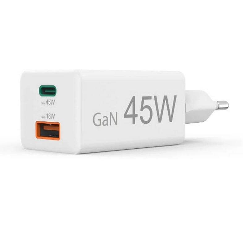 USB-Wandladegerät Gan charger USB-A USB-C 45 W WeissSchnellladegerät mit 1x USB-C und 1x USB-A