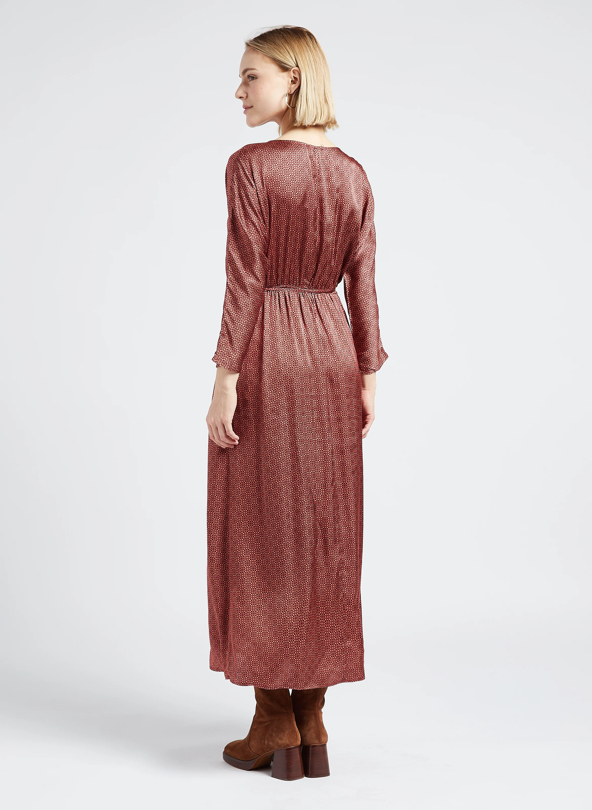 LUNA - Robe midi col V imprimée| Doré