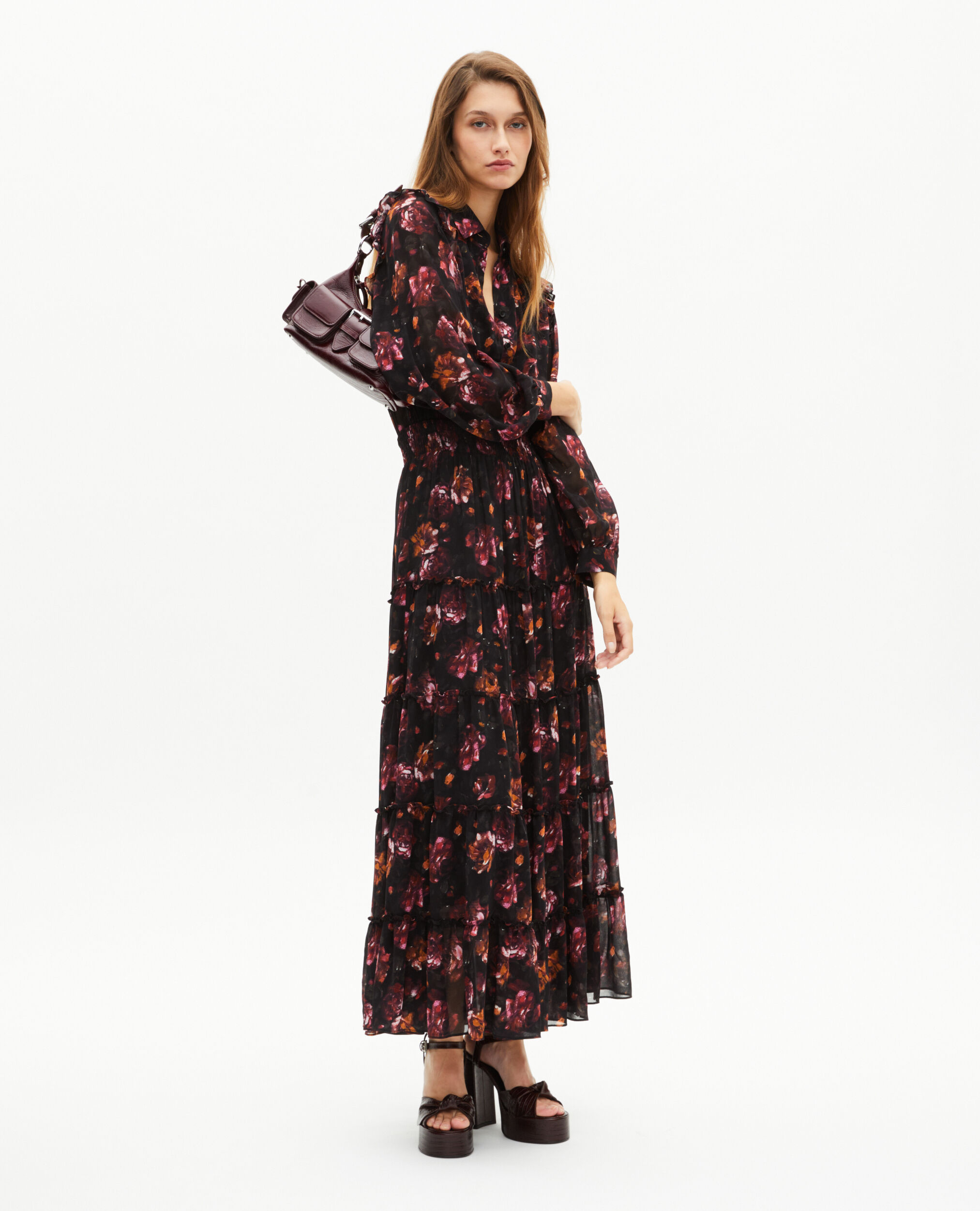Robe longue imprimé roses bordeaux