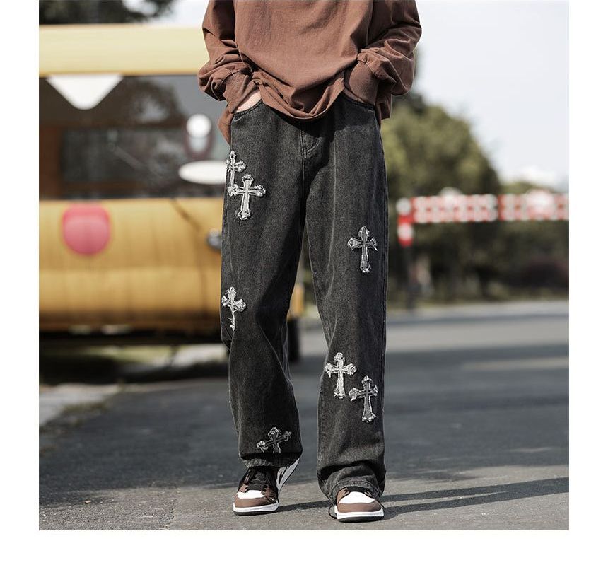 DuckleBeam - Mid Rise Cross Applique Washed Straight Leg Jeans