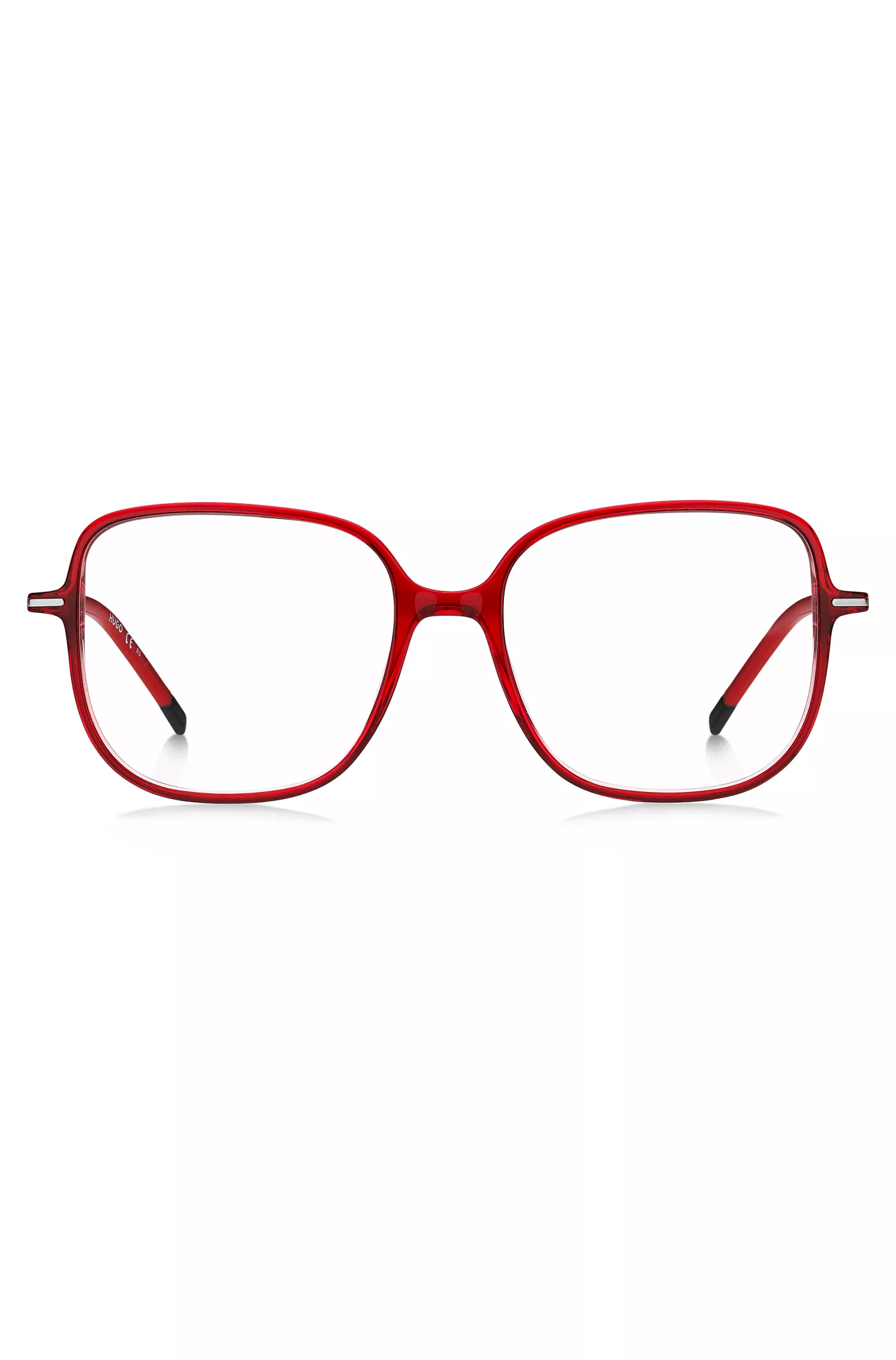 Óculos de grau HUGO em acetato vermelho com hastes em aço inoxidável.