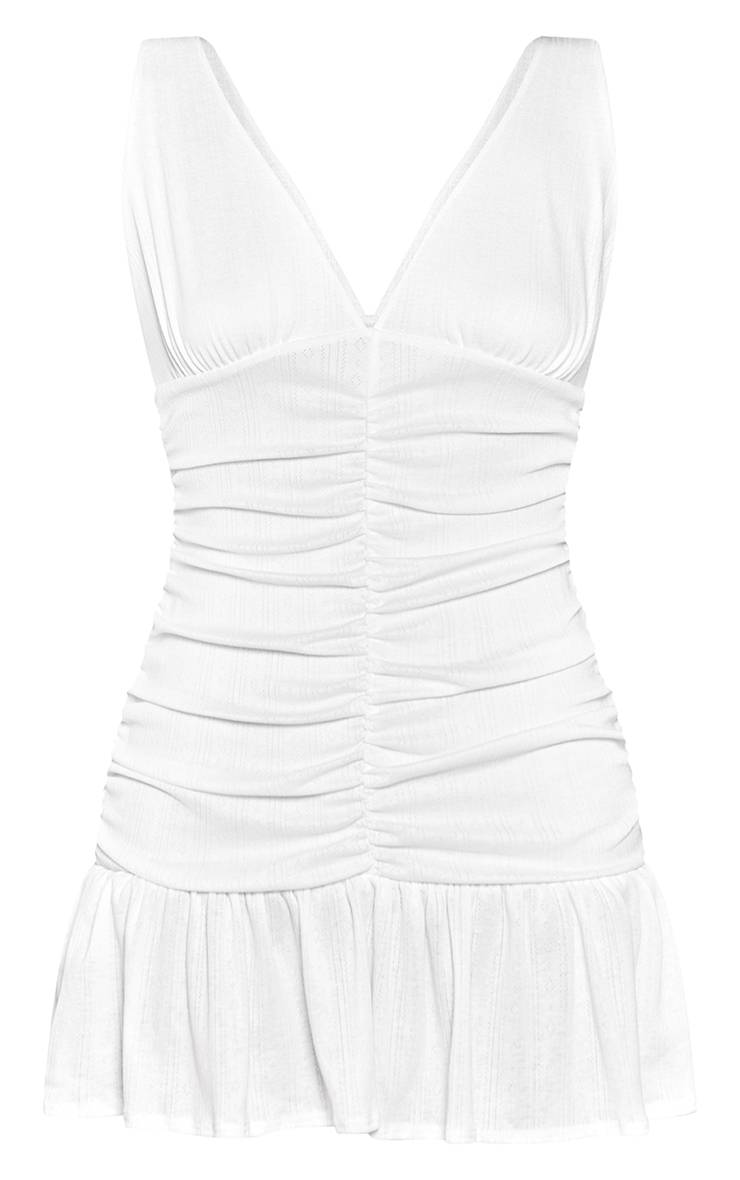 Blanc Robe Courte Droite Sans Manches Froncée Texturée