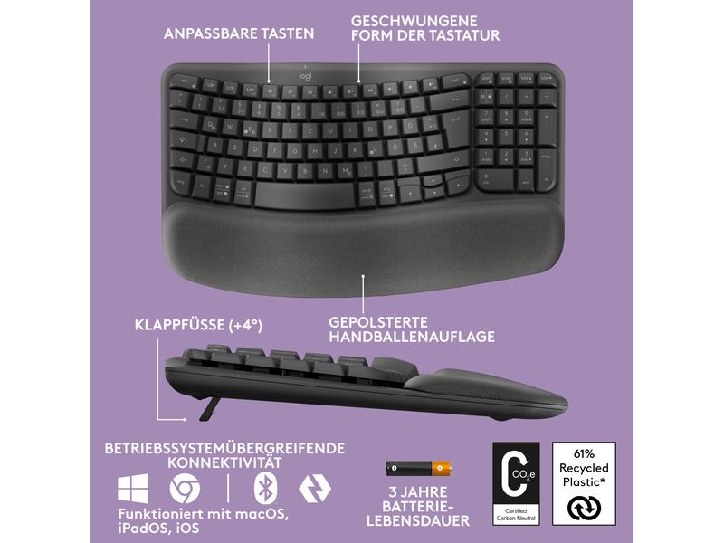 Logitech Tastatur Wave Keys Kabellose ergonomische Tastatur mit gepolsterter Handballenauflage