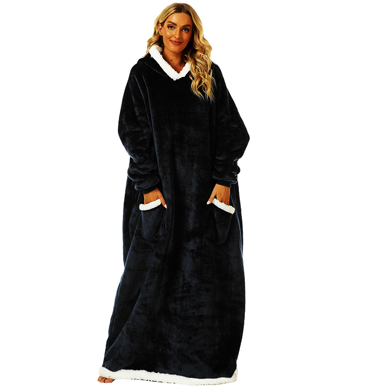 (150cm) Oversized Pullover Kuschel Decken Sweater Langer Hoodie mit 2 Seitentaschen (One Size) - Schwarz