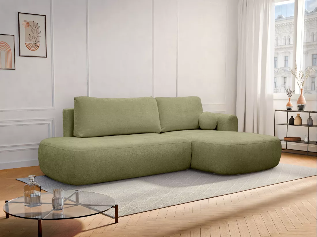 Canapé d'angle droit convertible en tissu texturé vert kaki BROCARO de Maison Céphy