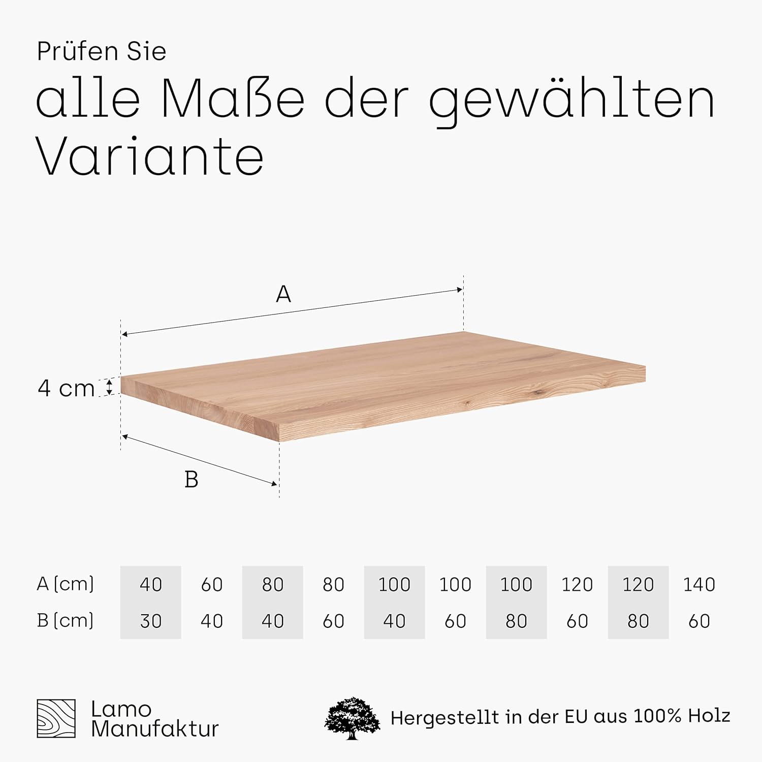 LAMO Manufaktur Tischplatte Wohnzimmertisch Schreibtischplatte Arbeitsplatte Massivholz 100x40 cm, Roh, LHG-01-A-001-104