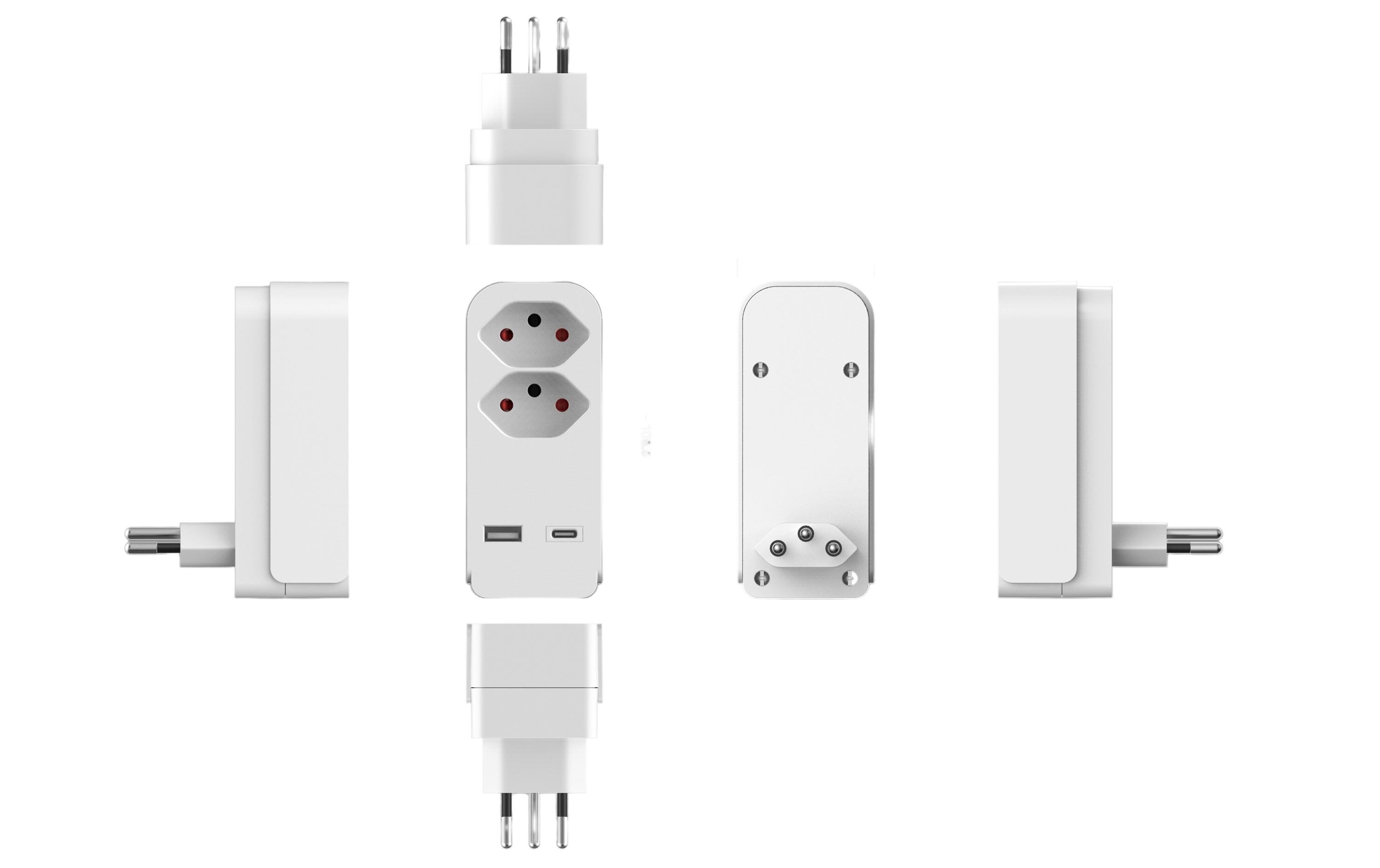 Abzweigstecker 2x T13, USB-A, USB-C mit Kinderschutz, weissMehrfachstecker mit integriertem USB Ladegerät