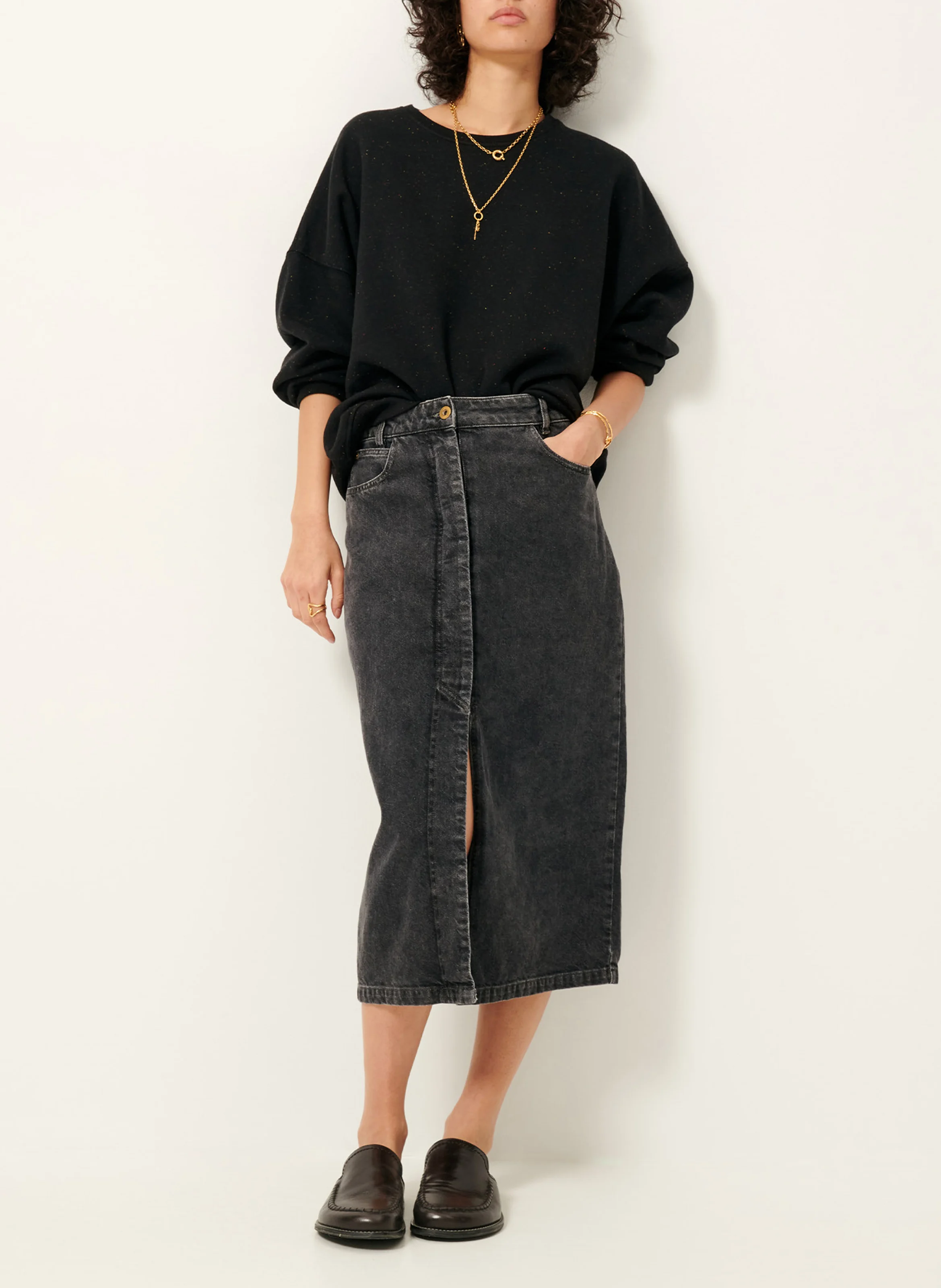 AMADEO - Jupe mi-longue taille haute en jean | Gris