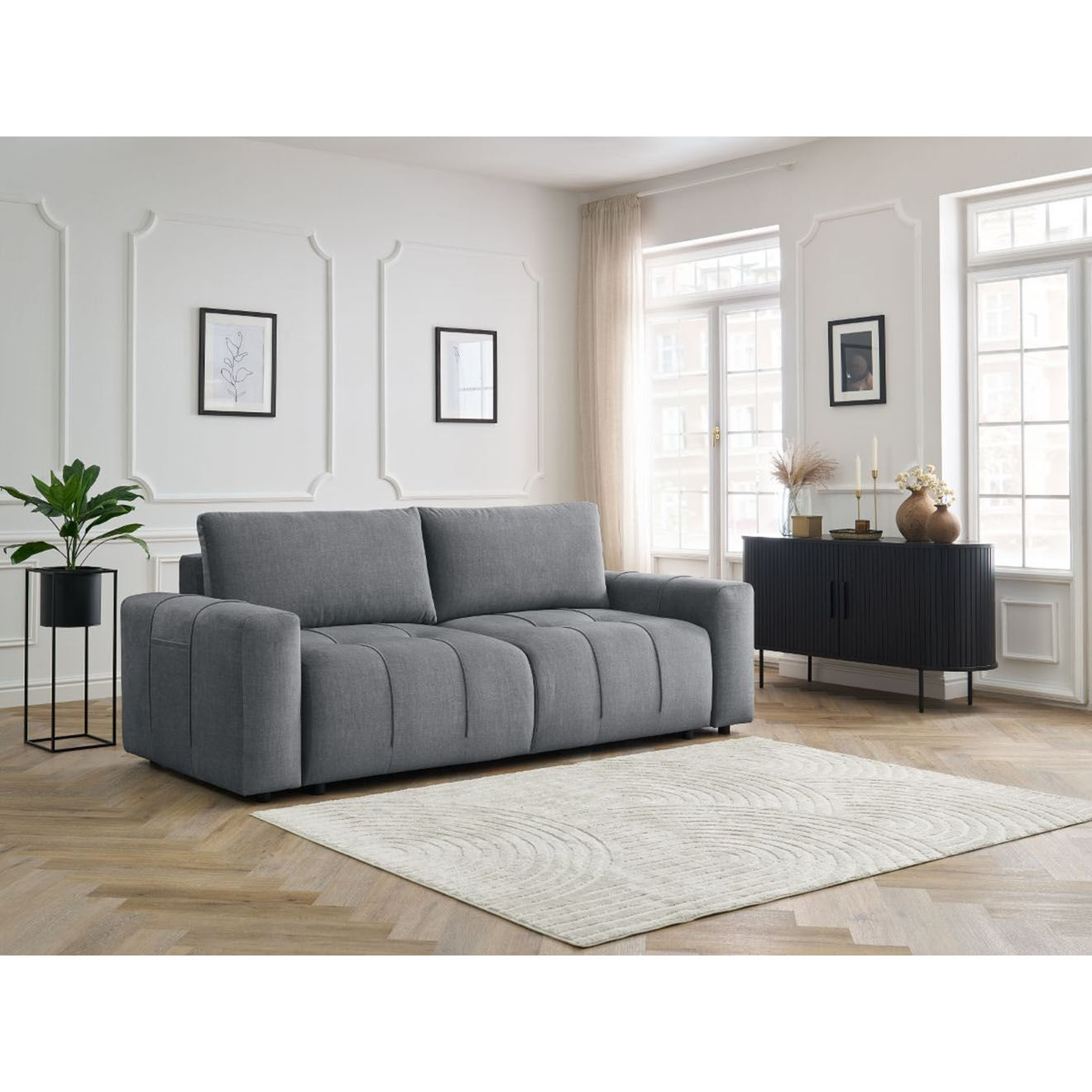 Bobochic Canapé droit convertible en Velours 3 places Arsène avec coffre gris foncé - 248x105x90 cm