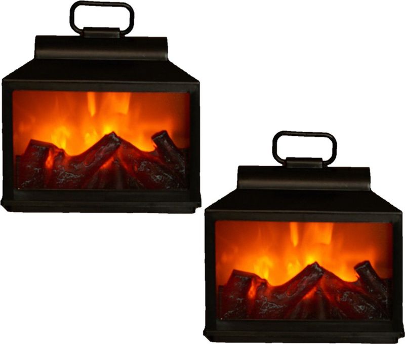 Sfeerhaard/open haard lantaarn zwart met led verlichting L18 x B9 x H16 cm - Woondecoratie/kerstversiering verlichting