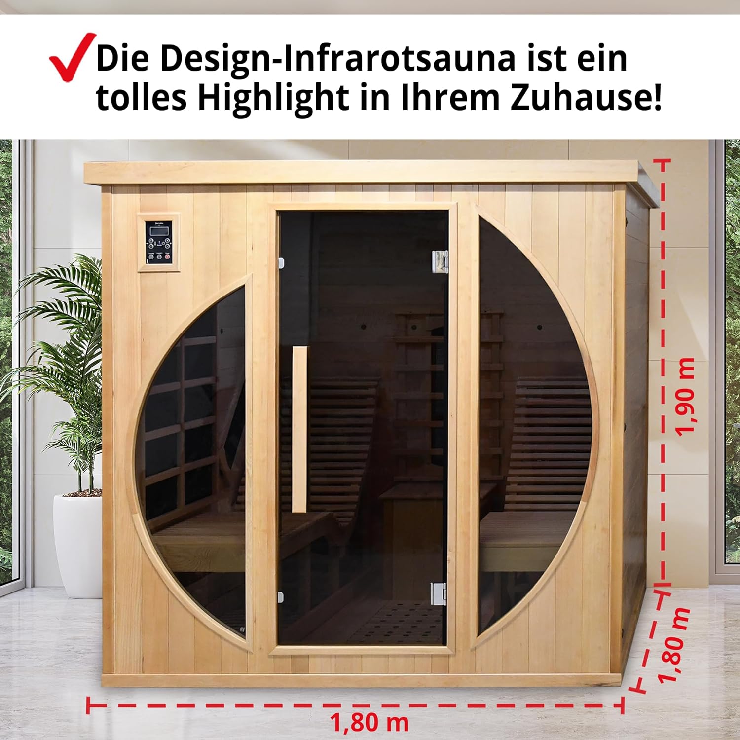 Hecht premium Infrarotkabine Sauna Keramik und Flächenstrahler, Farblichttherapie, Relaxliegen für 2 Personen – 180x180x190 cm – Infrarotsauna mit MP3-Player, Radio und Ionisator