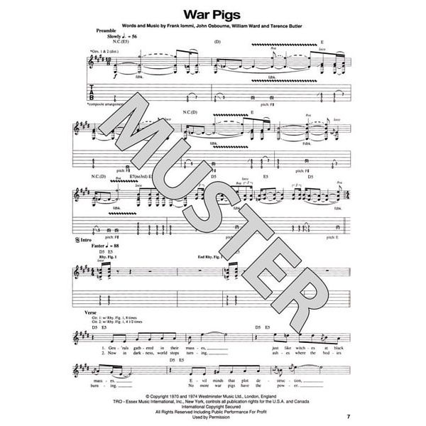 Black Sabbath Paranoid Songbook TAB