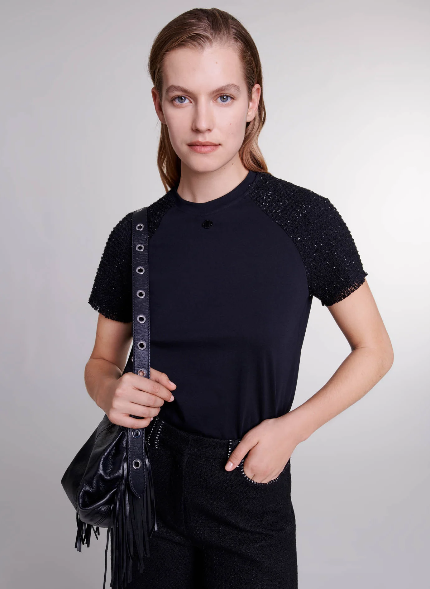 Tee-shirt droit en tweed métallisés | Noir