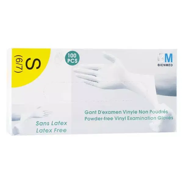 Luvas de exame de vinil sem látex e sem pó, tamanho P, pacote com 100 unidades.