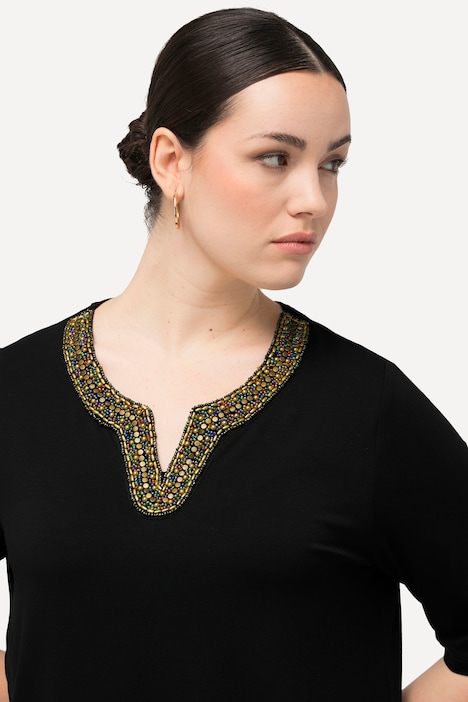 Shirt-Tunika, Stickerei, Tunika-Ausschnitt, Halbarm