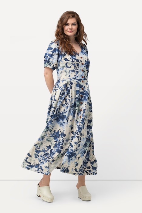 Kleid, Leinenmix, Knopfleiste, Rundhals, Halbarm