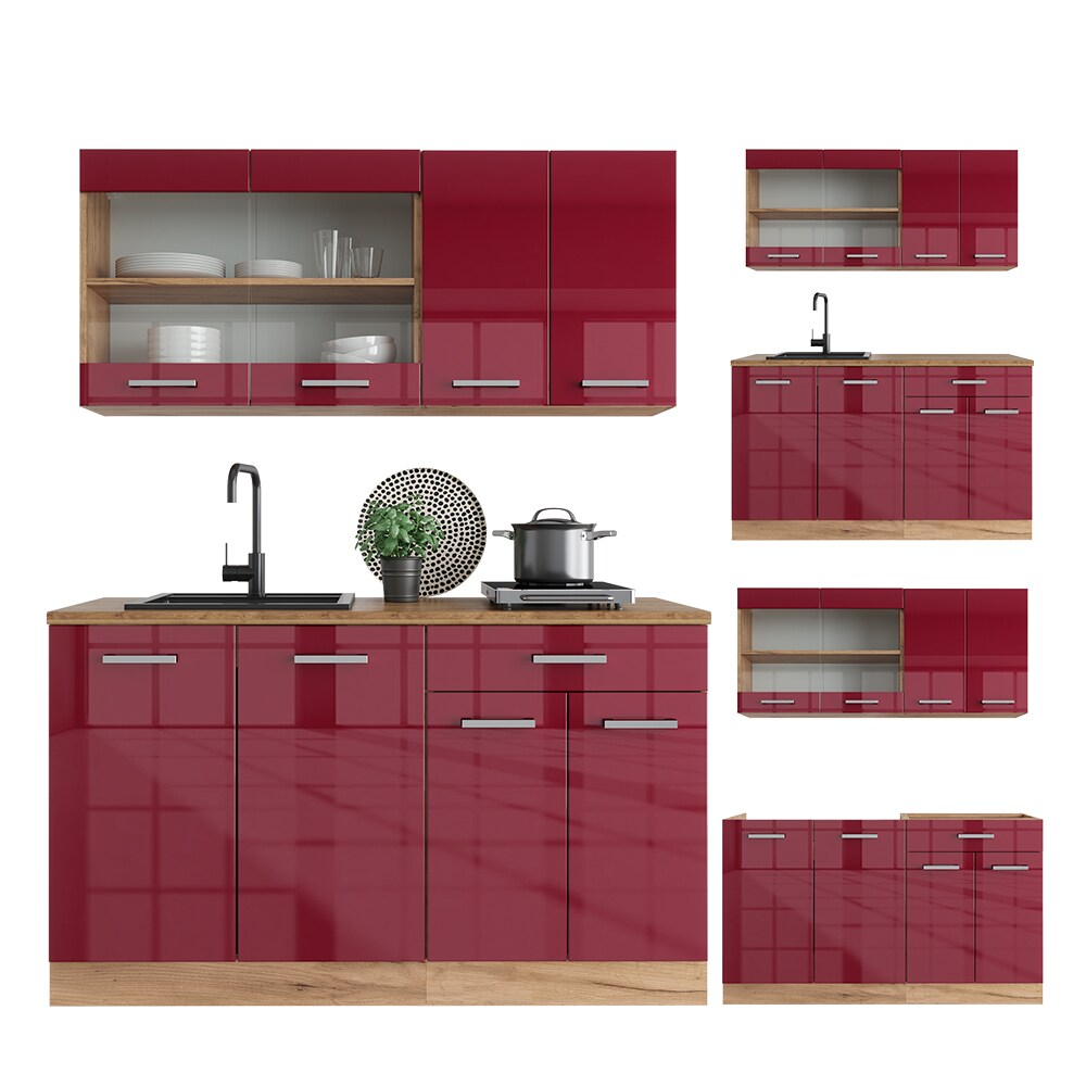 Vicco Küchenzeile Küchenblock Einbauküche R-Line Single Front Bordeaux Hochglanz