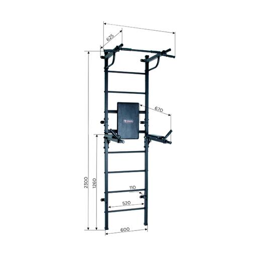 Barra fixa de parede com encosto, barras paralelas e ponto de partida para o exercício Dominate Bar.