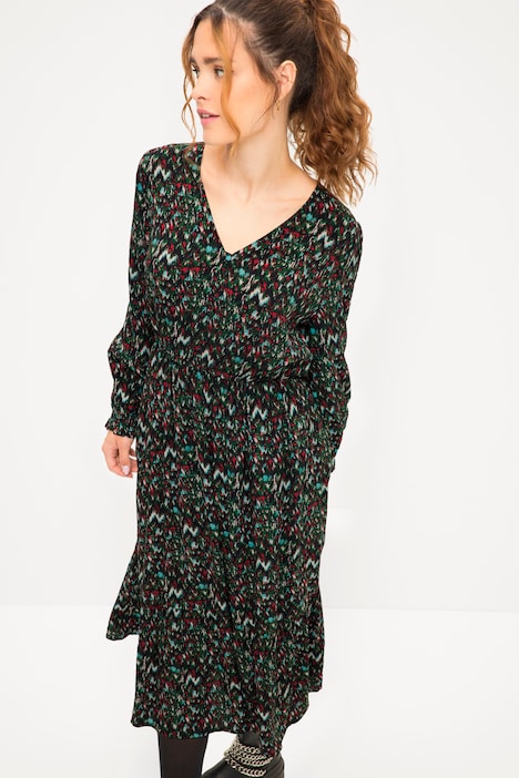 Midikleid, A-Line, Zickzack Print, V-Ausschnitt, elastische Taille, Langarm